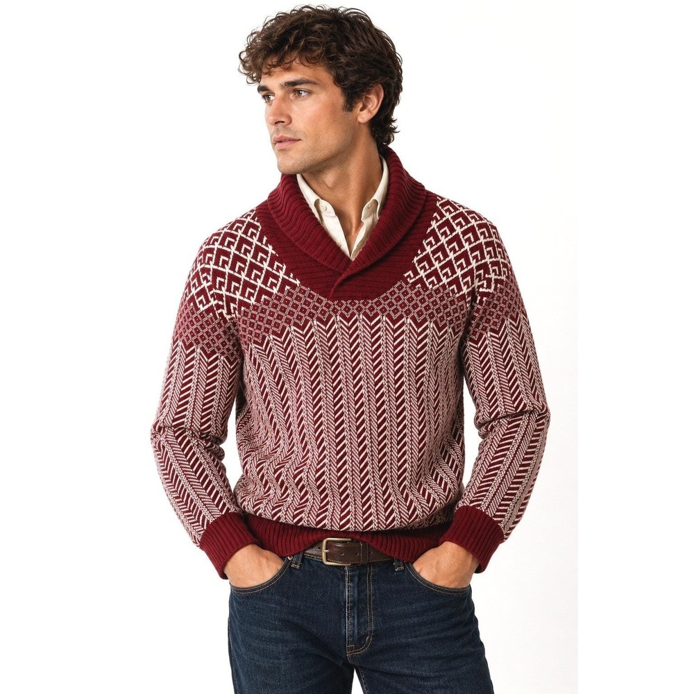 70s Style American Rag Men's Shawl Collar Sweater Men L Red Herringbone Grandpa